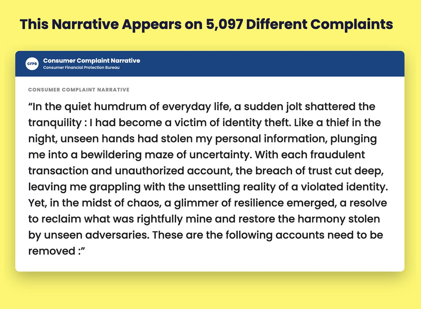 A CFPB consumer complaint narrative about a sudden jolt shattering the tranquility of everyday life, which appears on 5,097 different complaints